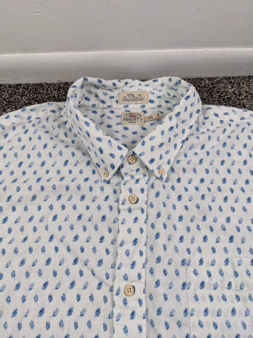 Faherty The Breeze Shirt Mens 4XL Linen Blend Blue Feather Print Button Down